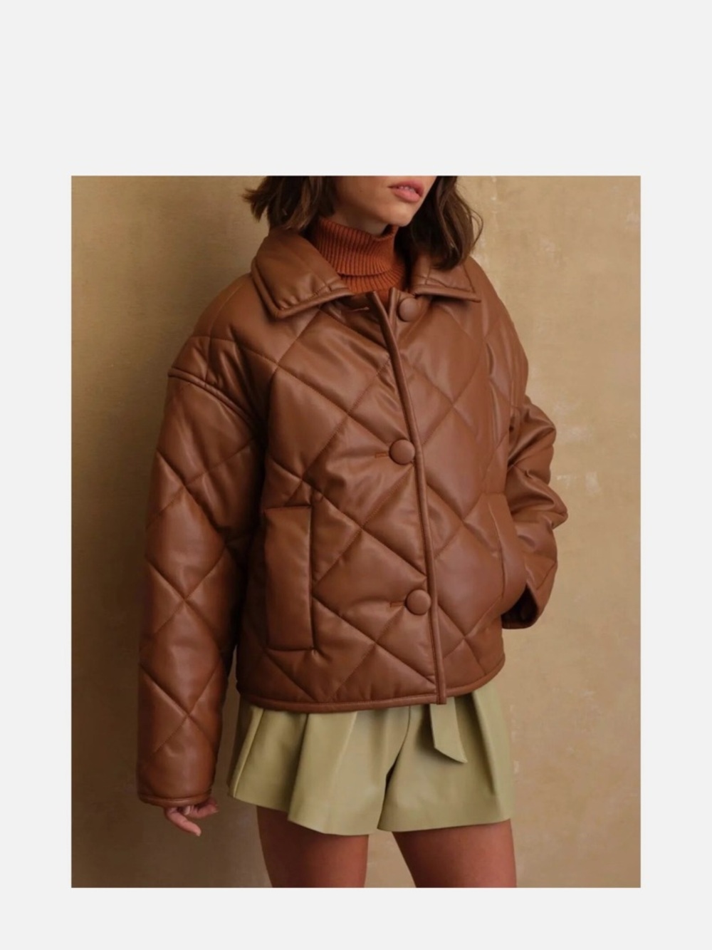 Elie Tahari Caramel Brown Quilted Faux Leather Puffer Jacket
